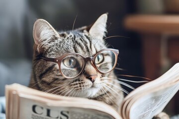 A cat wearing glasses and reading a newspaper - obrazy, fototapety, plakaty