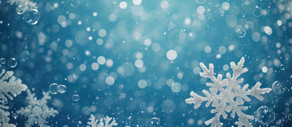 Poster snowflake frame on blue background with bokeh bubbles.