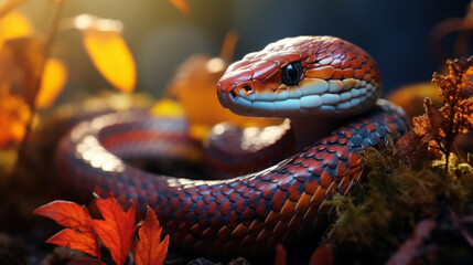 Obraz premium a beautiful colored snake crawls against the background of the forest, grass, nature, serpentine, reptiles, scales, eyes, head, plants, soil, python, skin, symbol of 2025