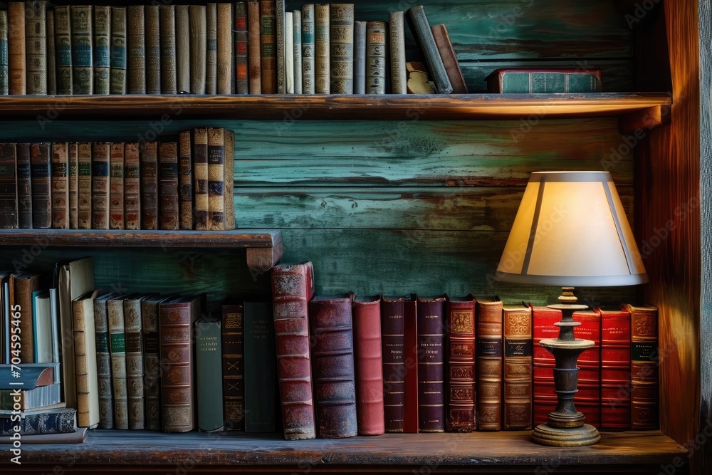 Poster classic bookshelf filled with various books and a reading lamp