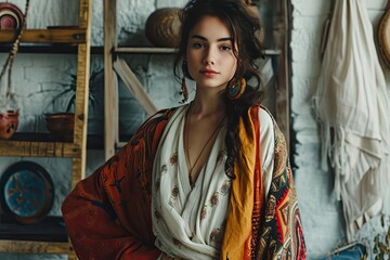 Bohemian model in ethnic attire Posing in an artistic loft space