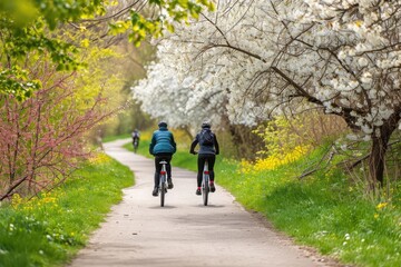Obraz premium Bicyclists riding on a path surrounded by spring blossoms