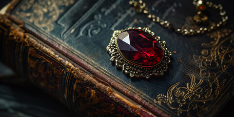 Ruby gemstone in an antique setting, resting on an aged leather book, dim, moody vintage lighting