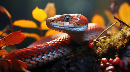 a beautiful colored snake crawls against the background of the forest, grass, nature, serpentine, reptiles, scales, eyes, head, plants, soil, python, skin, symbol of 2025 - obrazy, fototapety, plakaty
