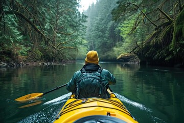 Kayaker model paddling through serene river landscapes in a wilderness setting