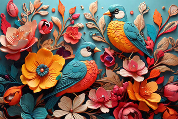 Colorful paper quilling art. Intricate birds and flowers design. Captivating and vibrant craft for creative projects and visuals.
