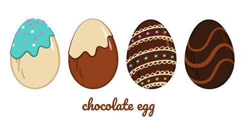 chocolate eggs set. Brown, dark, milk chocolate decorated egg. Sweet symbol of Easter holiday. Vector dark cocoa dessert. Restaurant, cafe menu, holiday, card, poster decoration.
