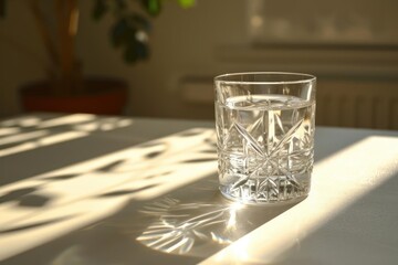 Sunlight casting shadows through a crystal glass of water.