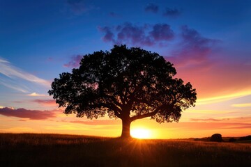 Sunset silhouette of a lone tree in a field