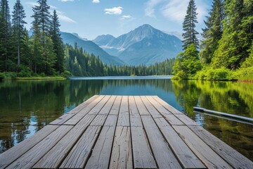 Tranquil lake with a wooden dock and mountain backdrop - obrazy, fototapety, plakaty