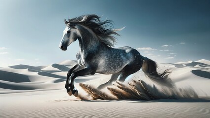 Desert Runner: Swift Dapple Grey Stallion Captured in Sandy Terrain