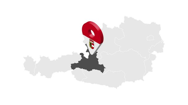 Location Salzburg  on map Austria. 3d federal State of Salzburg  flag map marker location pin. Map of  Austria showing different parts. Animated map States of Austria. 4K.  Video