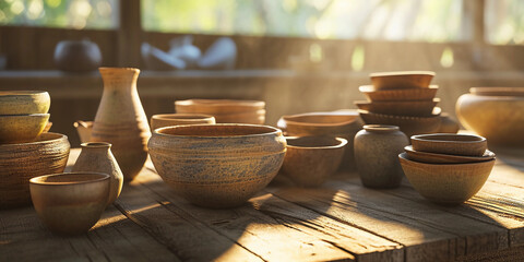 handmade ceramic bowls and vases, earthy tones, arranged on a rustic wooden table