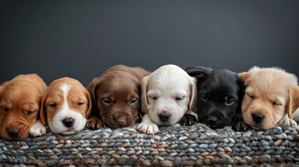 Cute Group Of Puppies Sleeping Together on Knitted Blanket isolated on Grey Background