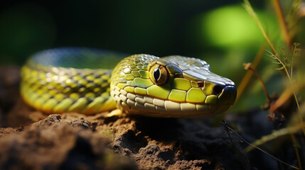 Fototapeta premium a beautiful colored snake crawls against the background of the forest, grass, nature, serpentine, reptiles, scales, eyes, head, plants, soil, python, skin, symbol of 2025