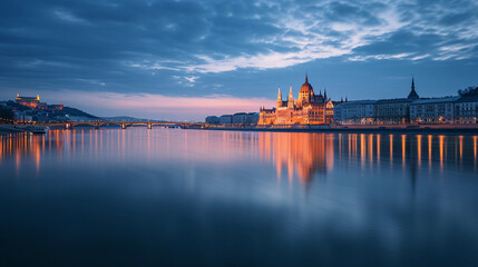 Danube River, Budapest, with Parliament Building in the background, twilight, city lights reflecting on water