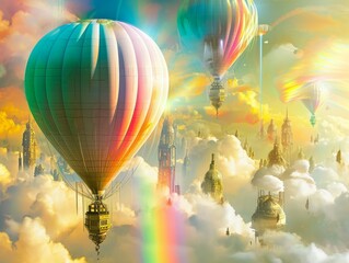 Fototapeta premium Cyberpunk Ascension: Epic Rainbow Balloon Odyssey