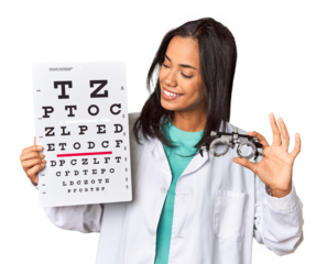 Young Filipina ophthalmologist with optometry glasses and test
