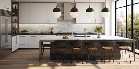 A modern kitchen with white cabinets, hanging light fixtures over a black island, and a marble...