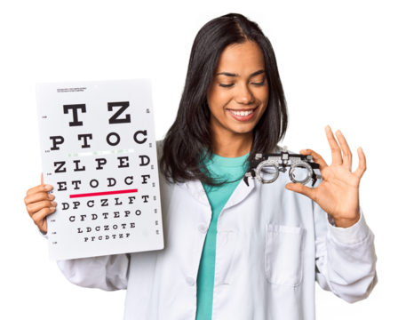 Young Filipina ophthalmologist with optometry glasses and test