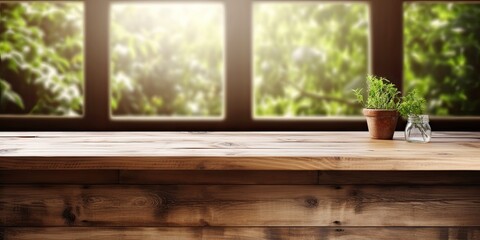 Fototapeta na wymiar Wooden table against kitchen sink window backdrop