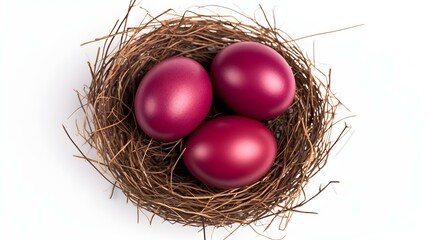 Top View of burgundy Eggs in a Nest on a white Background. Easter Template with Copy Space