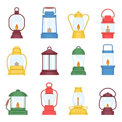 Kerosine lamps, flat lanterns with candles and gas lamp with fire. Isolated vintage camp equipment, travelling lights decent vector clipart