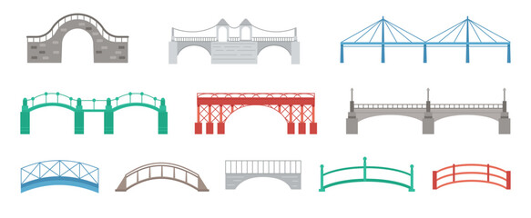 Different flat bridges. Isolated bridge icons, different metal bridgeworks. Urban landmark, transportation road element, decent vector set