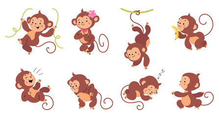Cartoon monkey. Exotic monkeys different poses and emotions. Tropical wild animals, funny isolated primates. Rainforest animal nowaday vector set