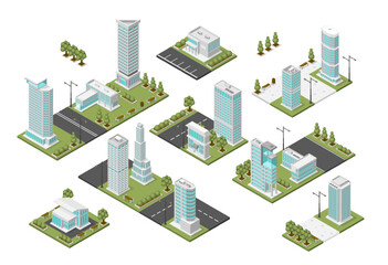 Isometric city modules. Modern suburbs, urban construction plan. Various districts with parks and public zones, architecture projects flawless vector set