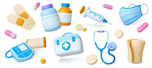 3d medical icons. Isolated hospital ambulance tools, pills and drugs. Plasticine medicine and pharmacy elements, pithy vector realistic set - obrazy, fototapety, plakaty