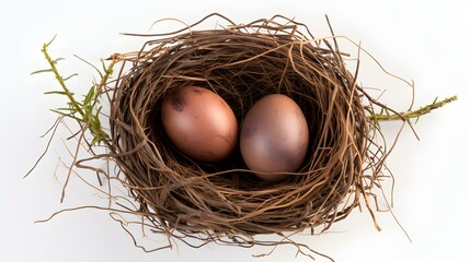 Top View of dark brown Eggs in a Nest on a white Background. Easter Template with Copy Space