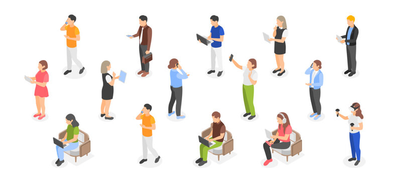 Isometric people with gadgets. Adults and teens using tablets, laptop, talk with smartphones and play vr glasses. Isolated casual flawless vector characters