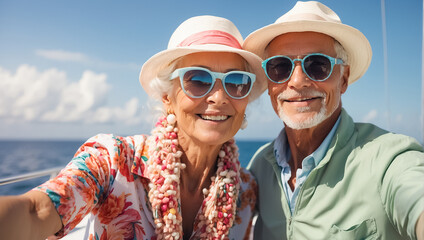 Portrait of happy elderly people hat on vacation at sea