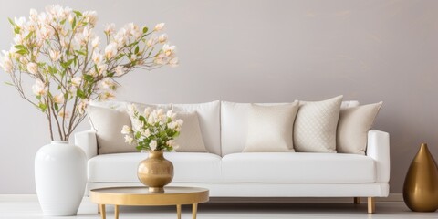 Elegant contemporary living room featuring white sofa and golden floral vase.