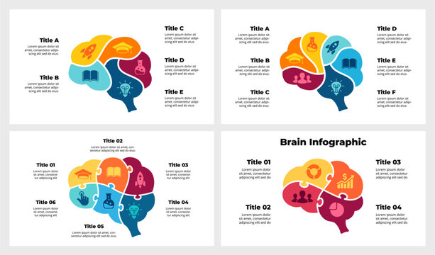 Puzzle Brain Medicine Infographic. Education Creative Thinking Illustration. Circle diagram 4, 5, 6 parts, steps, options. Generate Idea Brainstorming Process. Psychology logo icon. Mental Health
