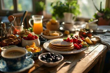 Obraz na płótnie Canvas Breakfast foods of pancakes with strawberries raspberries blueberries