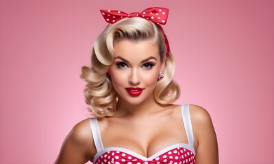 portrait of a beautiful pin-up blonde girl, pink background
