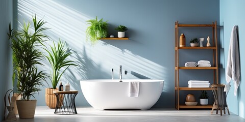 Fototapeta na wymiar Contemporary bathroom with white sink, wooden vanity, plants, accessories, bathtub, shower, white and blue walls, concrete floor.