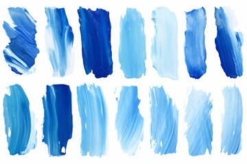 Experience the vibrancy of this assortment of blue marker paint strokes, featuring different saturations and hues ranging from sky blue to navy