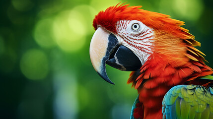 Fototapeta premium Colorful of Amazon red macaw parrot against jungle. AI Generative.