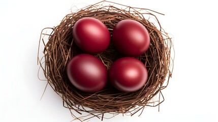 Fototapeta na wymiar Top View of dark red Eggs in a Nest on a white Background. Easter Template with Copy Space
