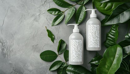 Cosmetic Set of Two Bottles of Blank Labels for Skin Care Product Cream Mockup Packaging, Shampoo Conditioner on Gray Background with Green Leaves,  Pure natural cosmetic products at color background