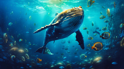 A massive whale gracefully gliding through the depths of the ocean, its majestic body surrounded by...