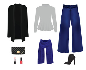 Women set. coat, sweater, pants, bag and boots. vector illustration