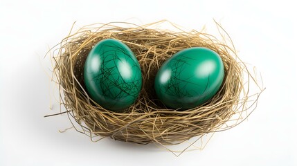 Fototapeta na wymiar Top View of emerald Eggs in a Nest on a white Background. Easter Template with Copy Space