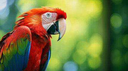 Fototapeta premium Colorful of Amazon red macaw parrot against jungle. AI Generative.