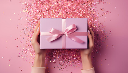 Womans hands holding gift box decorated confetti on pink pastel table top view. Flat lay composition for birthday.  - obrazy, fototapety, plakaty