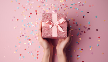 Womans hands holding gift box decorated confetti on pink pastel table top view. Flat lay composition for birthday. 