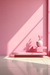 3D rendering of a pink room with a vase of flowers